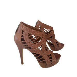 Guess Cage High Heels Stiletto Sandals Women's Size 7.5M Leather Brown Peep Toe